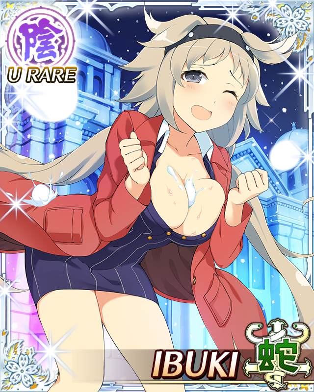 1girl :o bent_over between_breasts black_hairband border breasts brown_hair card_(medium) character_name cleavage coat game_cg grey_eyes hairband ibuki_(senran_kagura) large_breasts light_blush long_hair low_twintails night official_art one_eye_closed open_clothes open_coat outdoors red_coat senran_kagura senran_kagura_new_wave snowball snowball_fight snowing solo surprised third-party_source twintails vertical-striped_suit wet