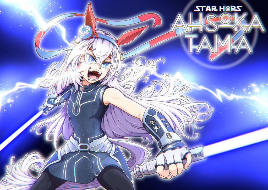 1girl ahsoka_tano ahsoka_tano_(cosplay) animal_ears blue_background blue_eyes blue_hairband bracer cosplay ctn_sasuke curly_hair dual_wielding ear_covers energy_sword fingerless_gloves glaring gloves hair_between_eyes hair_ornament hairband holding horse_ears horse_girl horse_tail lightning lightsaber long_hair red_hairband sleeveless star_wars striped_clothes striped_hairband sword tail tamamo_cross_(umamusume) two-tone_hairband umamusume weapon