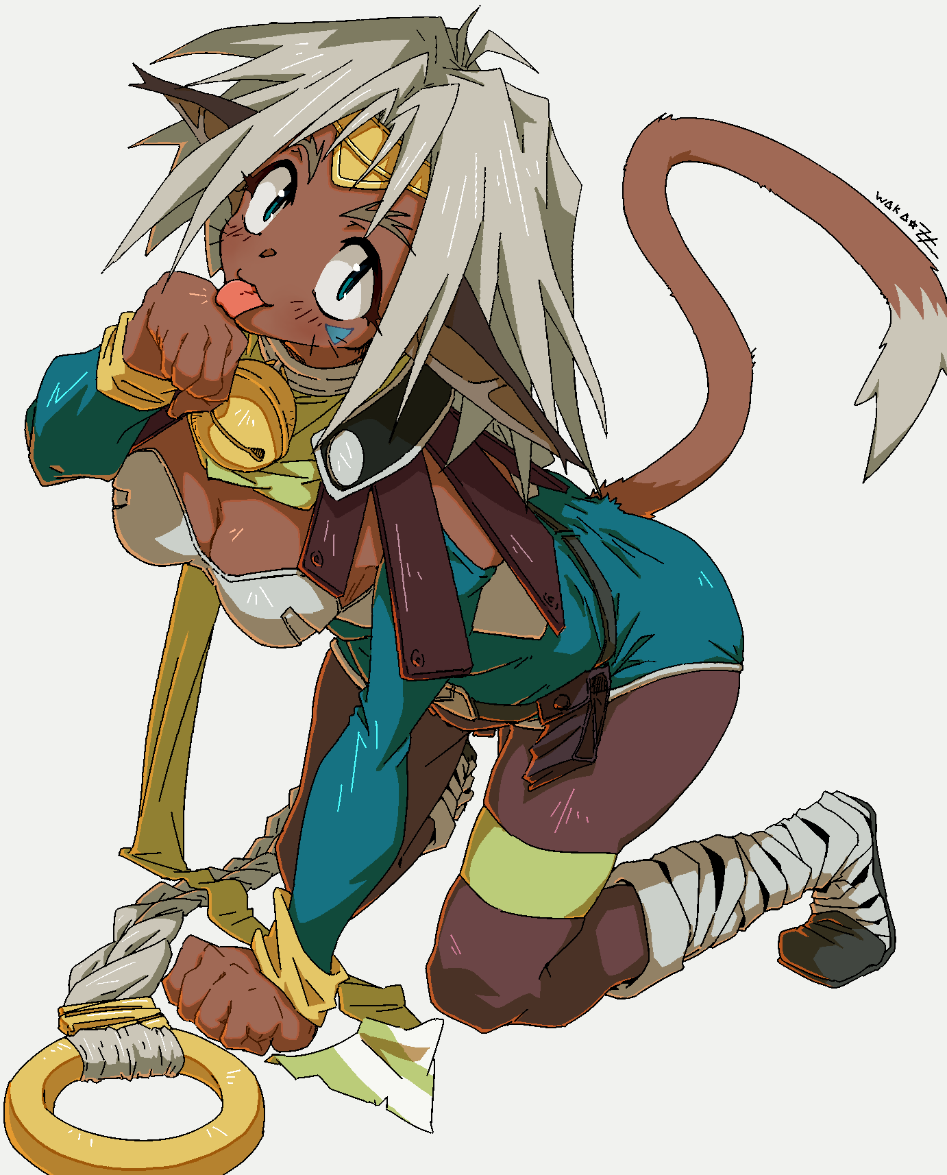 1girl aisha_clanclan animal_ears bell black_shoes blue_eyes blue_leotard breasts brown_pantyhose cat_ears cat_girl cat_tail cleavage closed_mouth commentary_request dark-skinned_female dark_skin full_body grey_background grey_hair highres jingle_bell leotard licking licking_hand long_sleeves looking_at_viewer medium_breasts medium_hair neck_bell outlaw_star pantyhose shoes simple_background smile solo strapless strapless_leotard tail wakazhi whiskers