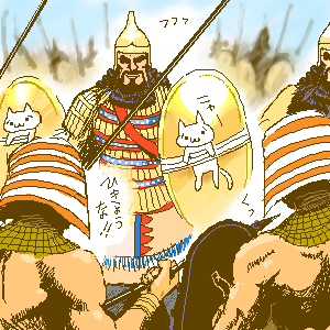 4boys ancient_egypt ancient_egyptian ancient_egyptian_clothes armor army battle beard cambyses_ii cat facial_hair gen_1_pokemon helm helmet historical_event hyaku_todoroki lowres male_focus misogram multiple_boys muscular nintendo original outdoors persian pokemon pokemon_(creature) polearm shield sky smirk soldier spear translated war weapon