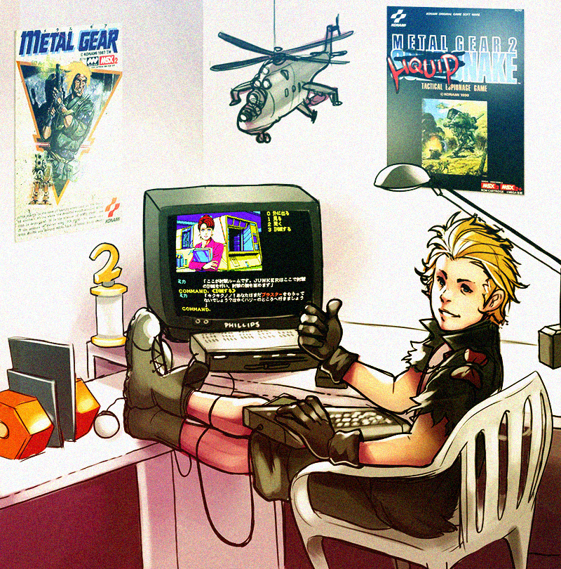 1980s_(style) 1boy aircraft attack_helicopter black_gloves blonde_hair blue_eyes box_art chair child creator_connection desk_lamp eli_(metal_gear) feet_on_table fourth_wall gloves gunship helicopter helicopter_gunship konami lamp liquid_snake male_focus mecha meme metal_gear_(msx) metal_gear_(series) metal_gear_2:_solid_snake metal_gear_d metal_gear_solid_v:_the_phantom_pain mi-24 microcomputer mika_slayton mil_mi-24 military_vehicle missile_launcher missile_pod msx msx2 multiple_rocket_launcher nintendo_kid oldschool parody pixelated playing_games poster_(object) promotional_art real_life retro_artstyle robot rocket_launcher rocket_pod short_hair shorts sitting snatcher solo spoilers thumbs_up trophy video_game voodoothur walker_(robot) weapon