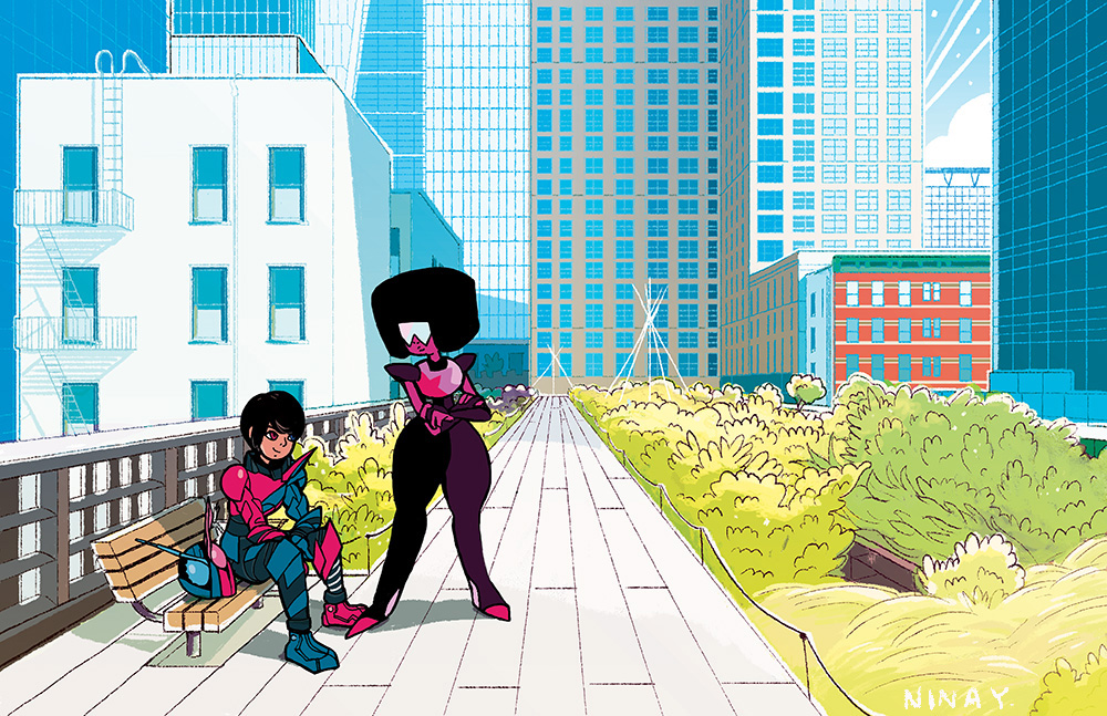 1boy 1girl afro armor bench black_hair building bush closed_mouth colored_skin commentary crossed_arms crossover dark_skin english_commentary garnet_(steven_universe) helmet heterochromia kamen_rider kamen_rider_build kamen_rider_build_(series) kiryuu_sento ladder mixed-language_commentary outdoors path red_eyes road rooftop short_hair sitting skyscraper standing steven_universe unworn_headwear unworn_helmet yoshida_nina