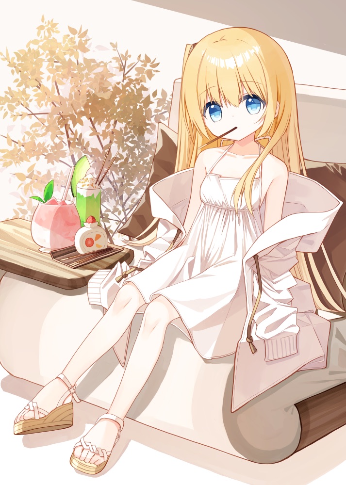 1girl bare_shoulders blonde_hair blue_eyes brown_sandals collarbone commentary_request dress flower_girl_(yuuhagi_(amaretto-no-natsu)) food food_in_mouth hair_between_eyes jacket long_hair long_sleeves looking_at_viewer off_shoulder open_clothes open_jacket original pocky sandals sitting sleeveless sleeveless_dress sleeves_past_fingers sleeves_past_wrists solo very_long_hair white_dress white_jacket yuuhagi_(amaretto-no-natsu)
