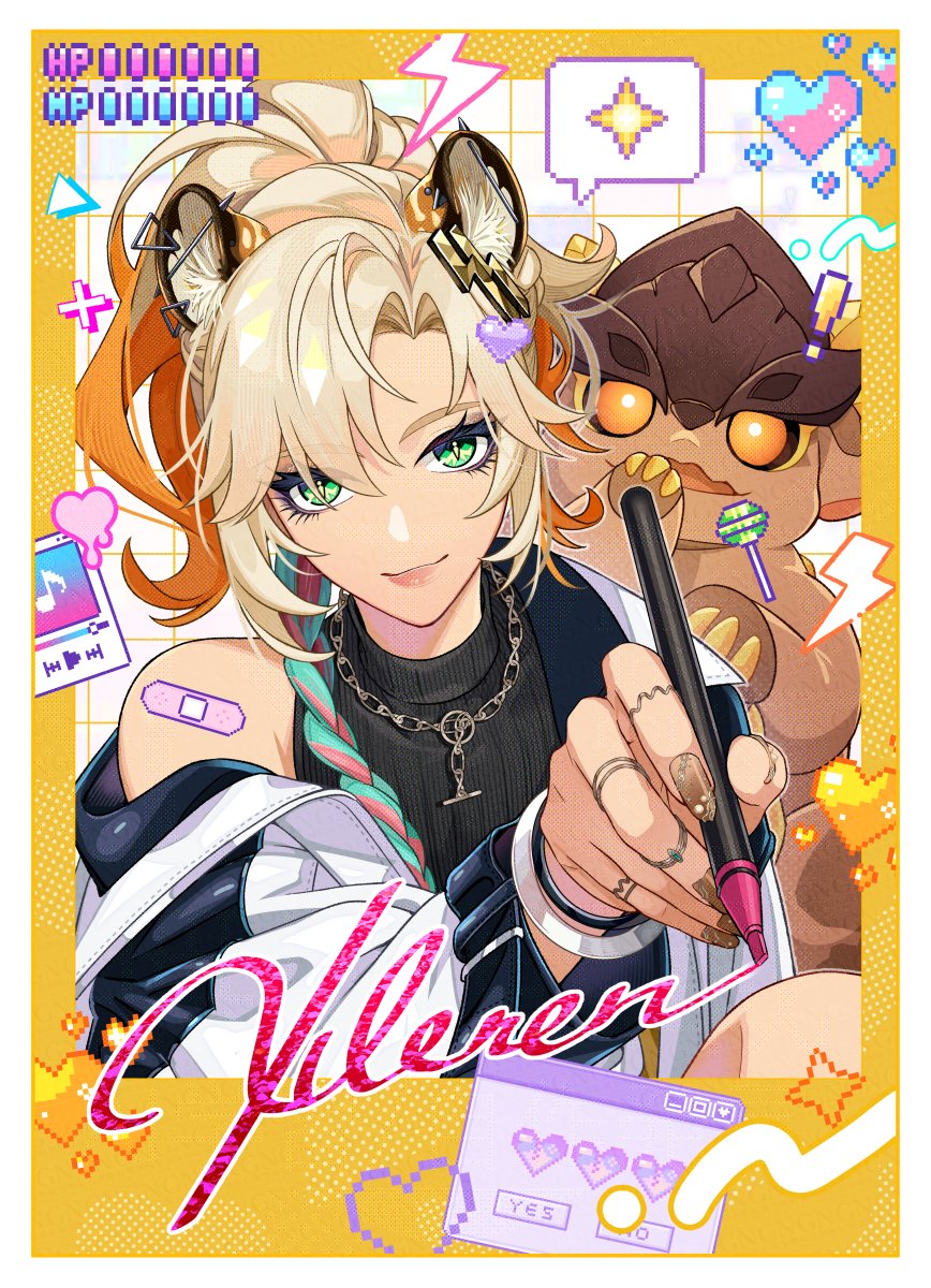 1girl 1other animal_ears bandaid bandaid_on_shoulder bare_shoulders black_sweater blonde_hair breasts character_name character_signature closed_mouth con_potata earrings genshin_impact green_eyes hair_between_eyes hair_ornament highres holding holding_pen jacket jaguar_ears jaguar_girl jewelry lips long_hair looking_at_viewer multicolored_hair necklace pen signature smile sweater tepetlisaurus_(genshin_impact) turtleneck turtleneck_sweater white_jacket xilonen_(genshin_impact)
