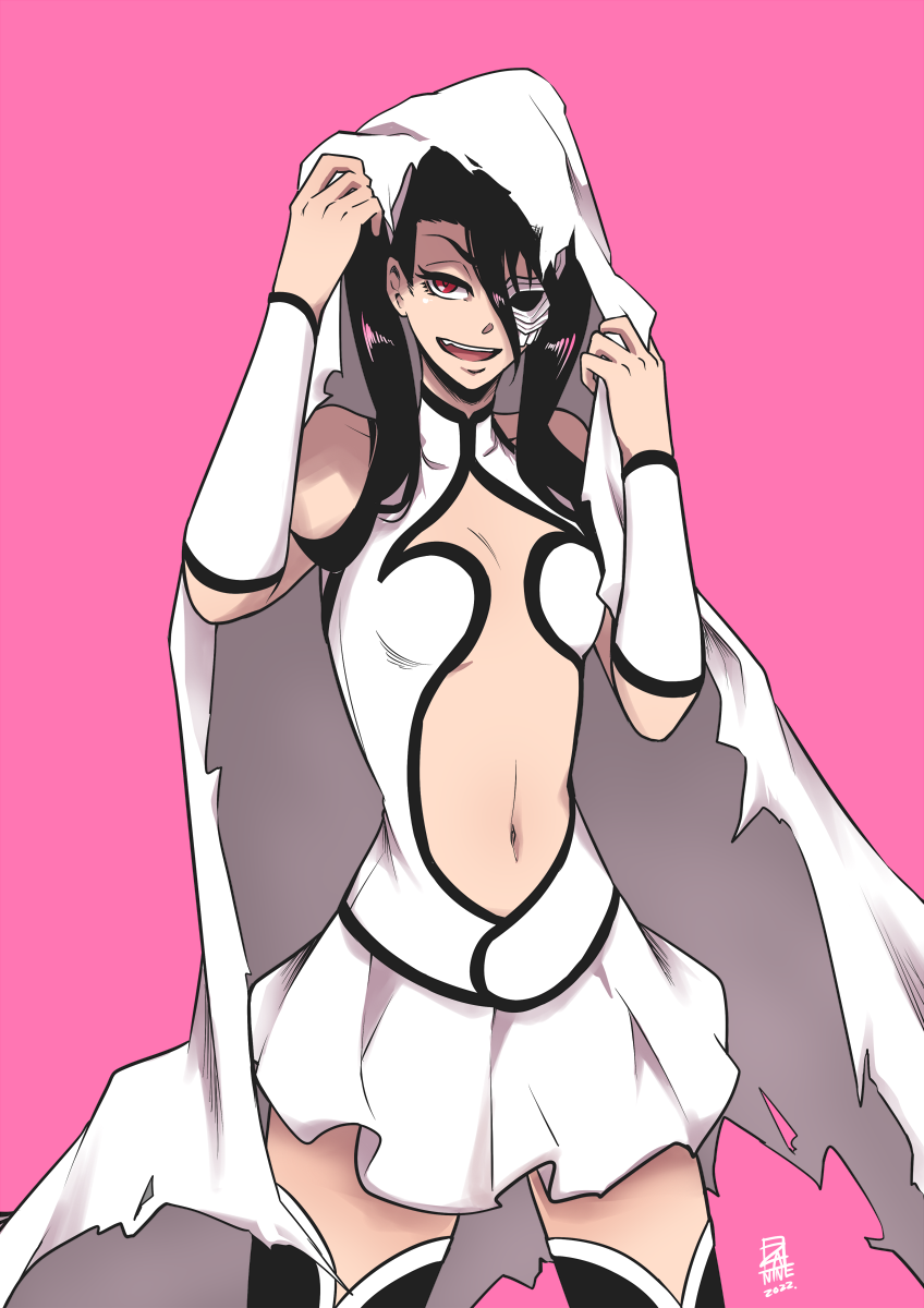 1girl 2022 :d arm_warmers artist_request bare_shoulders black_hair black_thighhighs bleach breasts cleavage_cutout cloak clothing_cutout crop_top dated feet_out_of_frame floating_hair hair_over_one_eye highres loly_aivirrne long_hair looking_at_viewer midriff miniskirt navel one_eye_covered open_mouth pink_background purple_eyes shirt simple_background skirt small_breasts smile solo standing straight_hair teeth thighhighs twintails unworn_cloak upper_teeth_only v-shaped_eyebrows white_arm_warmers white_background white_shirt white_skirt wide_hips zettai_ryouiki