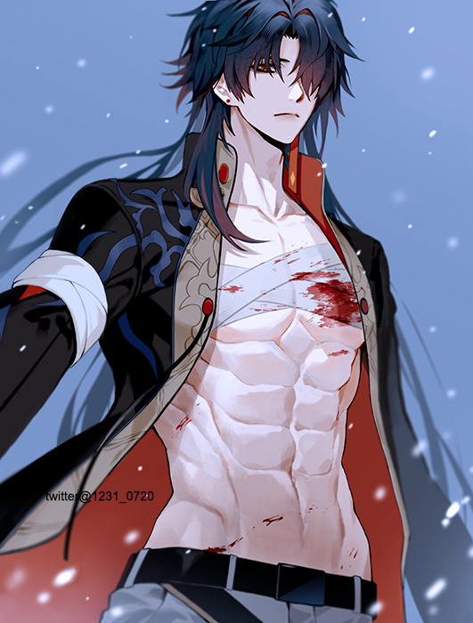 1boy abs bandaged_chest bandages belt black_coat black_hair blade_(honkai:_star_rail) blood chinese_clothes closed_mouth coat earrings grey_pants hair_over_one_eye honkai:_star_rail honkai_(series) jewelry long_hair long_sleeves looking_at_viewer male_focus muscular muscular_male np_(1231_0720) pants red_eyes scar