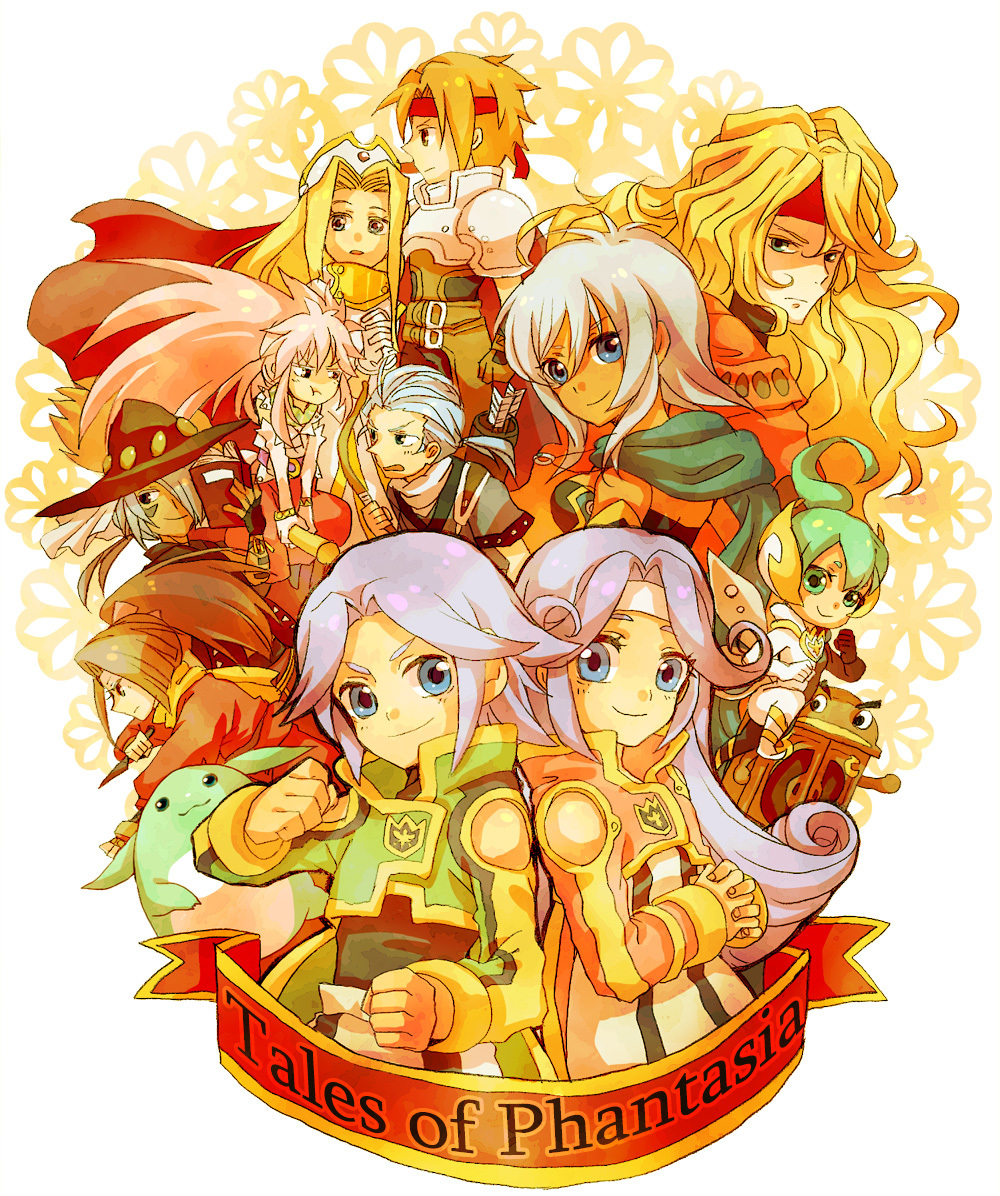 5boys 6+girls albert_(tales) aqua_eyes aqua_hair arche_klein armor bare_shoulders belt blonde_hair blue_eyes blue_hair bodysuit bow_(weapon) bracelet breasts broom brown_eyes brown_hair cape chester_burklight claus_f._lester closet coat copyright_name creature cress_albane dark_skin dhaos dio_(tales) dress elbow_gloves etos_(tales) fingerless_gloves fujibayashi_suzu gloves grey_hair hair_over_one_eye hat headband headgear jewelry kunai kuruuru long_hair mel_(tales) mint_adenade multiple_boys multiple_girls necklace nurse_cap open_mouth pants pink_eyes pink_hair ponytail purple_hair ring rondorine_e._effenberg scarf short_hair shoulder_pads smile tales_of_(series) tales_of_phantasia tales_of_phantasia:_narikiri_dungeon tales_of_phantasia:_narikiri_dungeon_x tattoo vest weapon wings