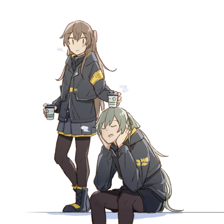 2girls armband black_pantyhose brown_eyes brown_hair closed_eyes cup disposable_cup elbows_on_knees feet_out_of_frame full_body girls&#039;_frontline grey_hair hair_between_eyes hands_on_own_cheeks hands_on_own_face head_rest holding holding_cup jacket long_hair long_sleeves multiple_girls object_on_head official_alternate_costume one_side_up open_mouth pantyhose pleated_skirt scar scar_across_eye scar_on_face siblings sisters sitting skirt smile standing star_(symbol) ump40_(girls&#039;_frontline) ump45_(girls&#039;_frontline) ump45_(winter_journey)_(girls&#039;_frontline) white_background xinhao