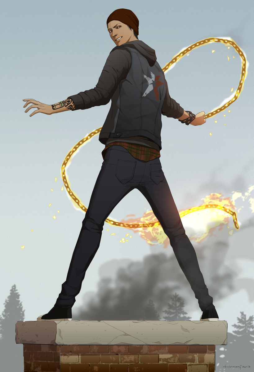 1boy chain chimney delsin_rowe fire gb_(doubleleaf) headwear_request highres infamous infamous_second_son jacket male_focus pants plaid_clothes plaid_shirt shirt smile smirk smoke solo tattoo tree white_background