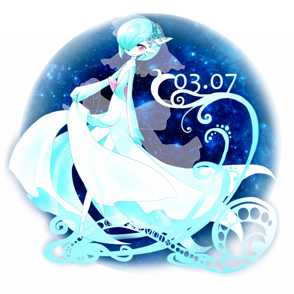 bob_cut bridal_veil bride colored_skin dress gardevoir gardevoir_day gen_3_pokemon green_hair hair_over_one_eye multicolored_skin nintendo pink_eyes pokemon pokemon_(creature) see-through_clothes see-through_shawl see-through_veil shawl smile star_(symbol) star_symbol_background tanpopo_hayabusa-maru two-tone_skin veil wedding_dress white_dress white_skin