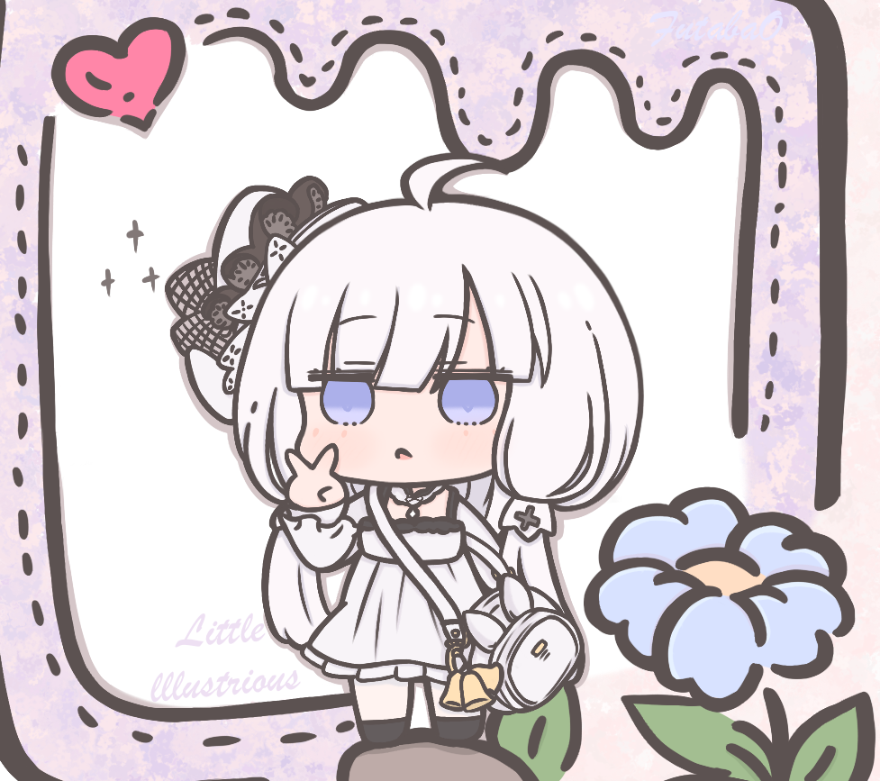 1girl ahoge azur_lane blue_eyes blue_flower character_name chibi chibi_only dress flower futaba_(anti_clockwise) hat heart little_illustrious_(azur_lane) mini_hat nejikirio_(style) solo v white_dress white_hair white_hat