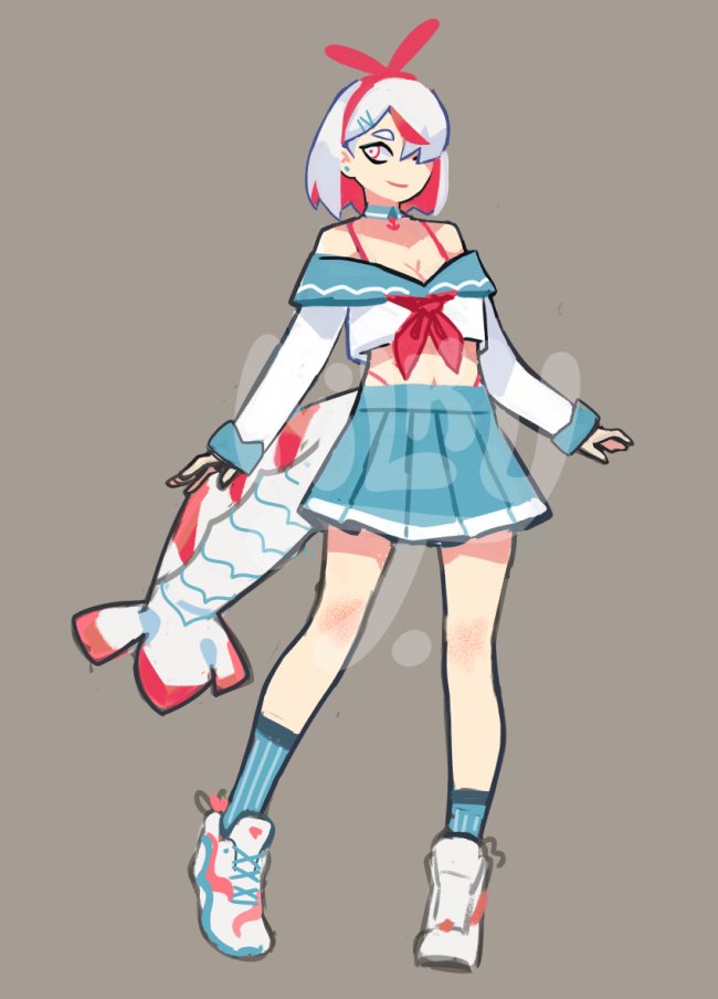 bare_shoulders blue_socks bow breasts cleavage cropped_shirt hair_bow hair_over_one_eye medium_breasts midriff_peek milkytiddyboy multicolored_hair neckerchief original red_hair red_neckerchief shoes shrimp_girl shrimp_tail skirt sneakers socks stomach tagme white_eyes white_hair