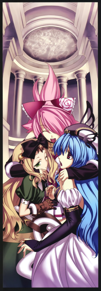 3girls blonde_hair blue_hair bow bridal_gauntlets detached_sleeves dress espgarude espgarude_(spectral_force) closed_eyes gloves green_eyes group_hug hair_bow happy hat hirano_katsuyuki hug long_hair lufione lufione_(spectral_force) multiple_girls neorith neorith_(spectral_force) official_art pink_hair red_eyes short_hair spectral_(series) spectral_force_genesis
