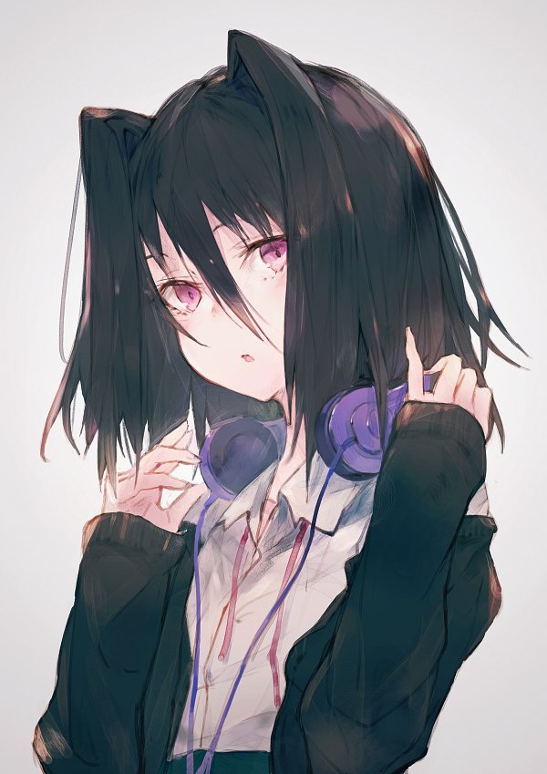 1girl :o black_hair cardigan commentary female_focus gradient_background hair_between_eyes hair_intakes headphones headphones_around_neck kashii_(amoranorem) koi_to_senkyo_to_chocolate morishita_michiru open_cardigan open_clothes pinky_out purple_eyes ribbon school_uniform shirt short_hair solo