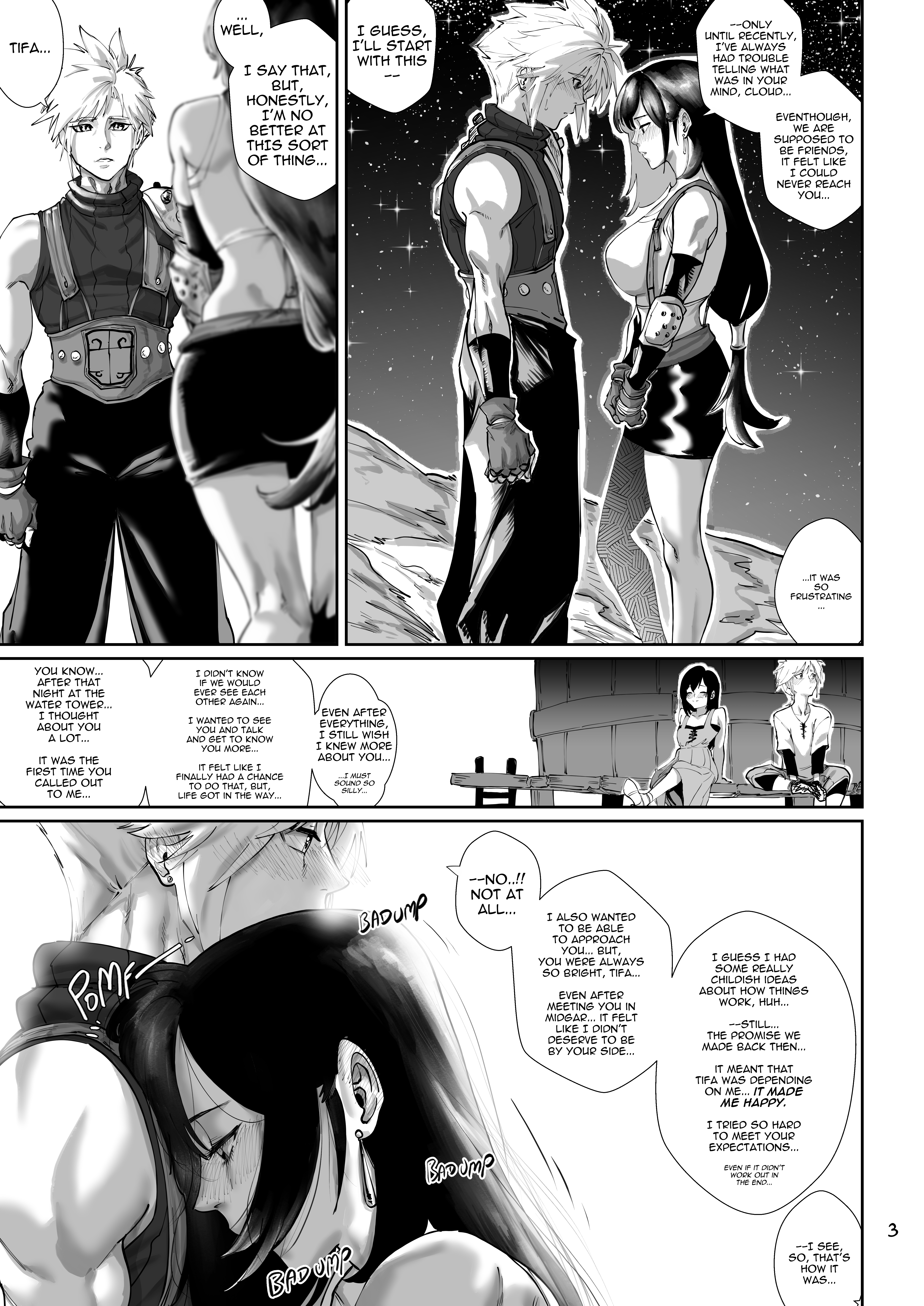 1boy 1girl aarokira absurdres blush cloud_strife couple elbow_pads english_text final_fantasy final_fantasy_vii fingerless_gloves flashback gloves greyscale hetero highres monochrome night night_sky non-web_source sky sound_effects speech_bubble tifa_lockhart