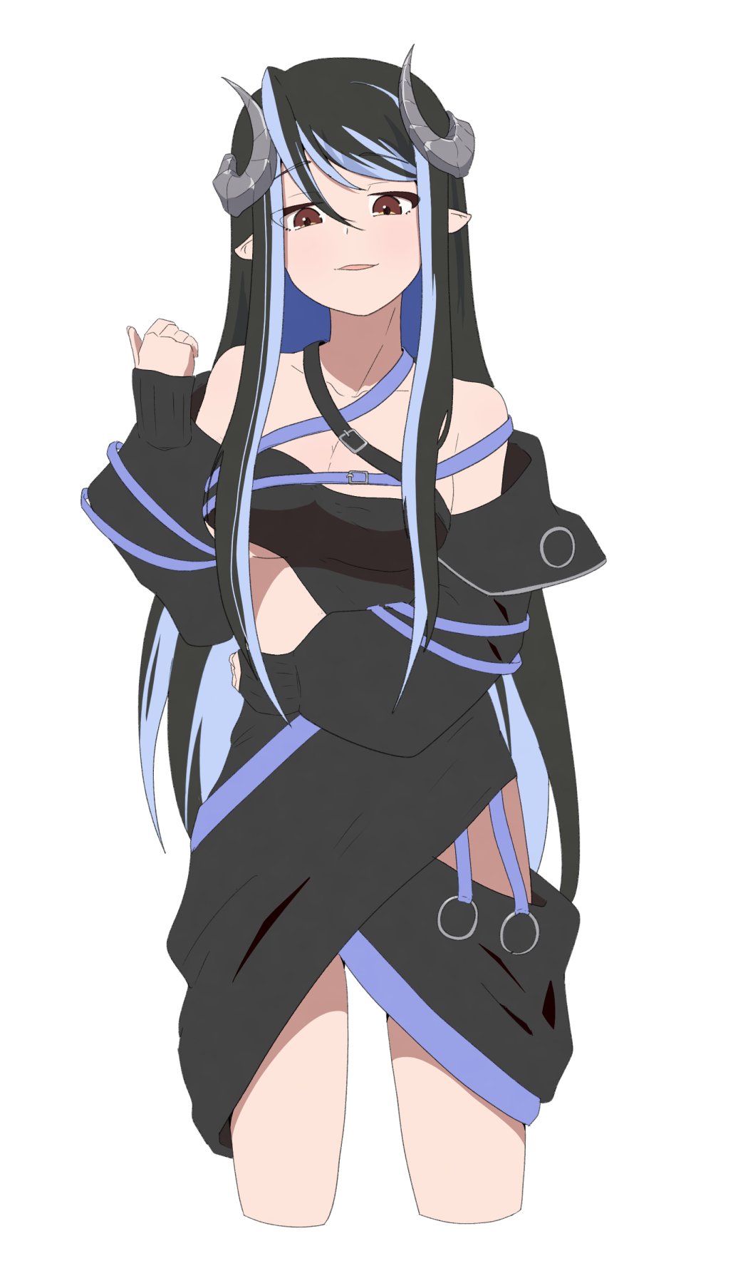 1girl bandeau belt black_bandeau black_belt black_hair black_jacket black_skirt blue_belt blue_hair breasts brown_eyes catnamenothing chest_belt cleavage collarbone cowboy_shot cropped_legs curled_horns demon_girl demon_horns grey_horns hair_between_eyes hebiyoi_tier hebiyoi_tier_(1st_costume) highres horns jacket large_breasts long_hair long_sleeves looking_down multicolored_hair nanashi_inc. off_shoulder open_clothes open_jacket open_mouth pointy_ears sidelocks simple_background skirt smile solo two-tone_hair virtual_youtuber white_background
