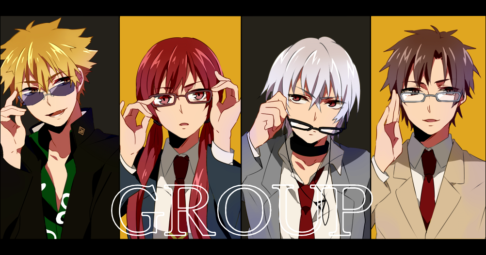 1girl 3boys accelerator_(toaru_majutsu_no_index) bad_id bad_pixiv_id bespectacled blonde_hair brown_eyes brown_hair choker etzali glasses multiple_boys musujime_awaki necktie noda_(yncoon) red_eyes red_hair school_uniform sunglasses toaru_majutsu_no_index tsuchimikado_motoharu twintails unabara_mitsuki white_hair yncoon