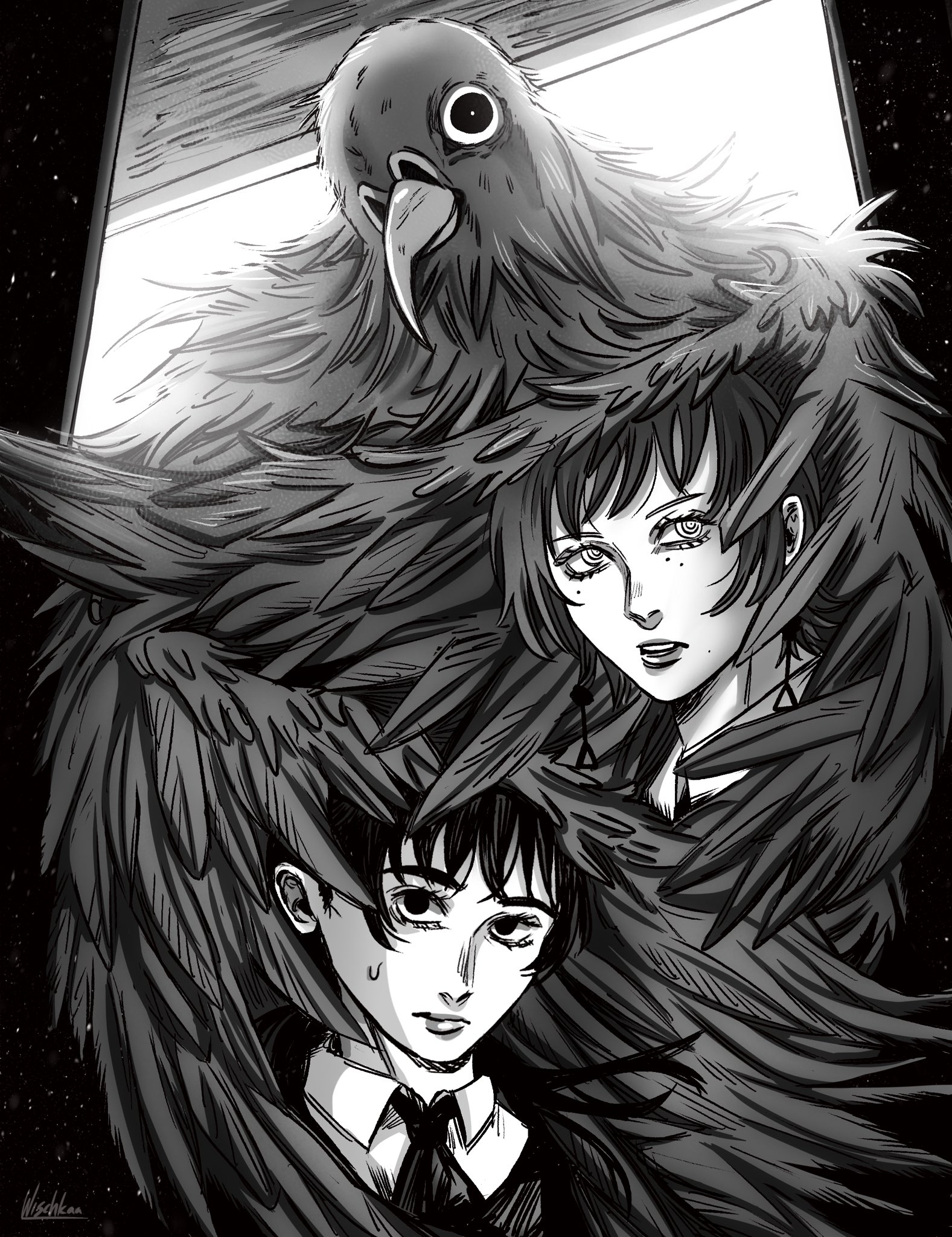 1other 2girls ascot beak chainsaw_man commentary earrings fami_(chainsaw_man) feathered_wings fourth_east_high_school_uniform greyscale guillotine_devil_(chainsaw_man) highres jewelry mitaka_asa mole mole_under_eye monochrome multiple_girls multiple_moles parted_lips ringed_eyes school_uniform signature sweatdrop wings wischkaa