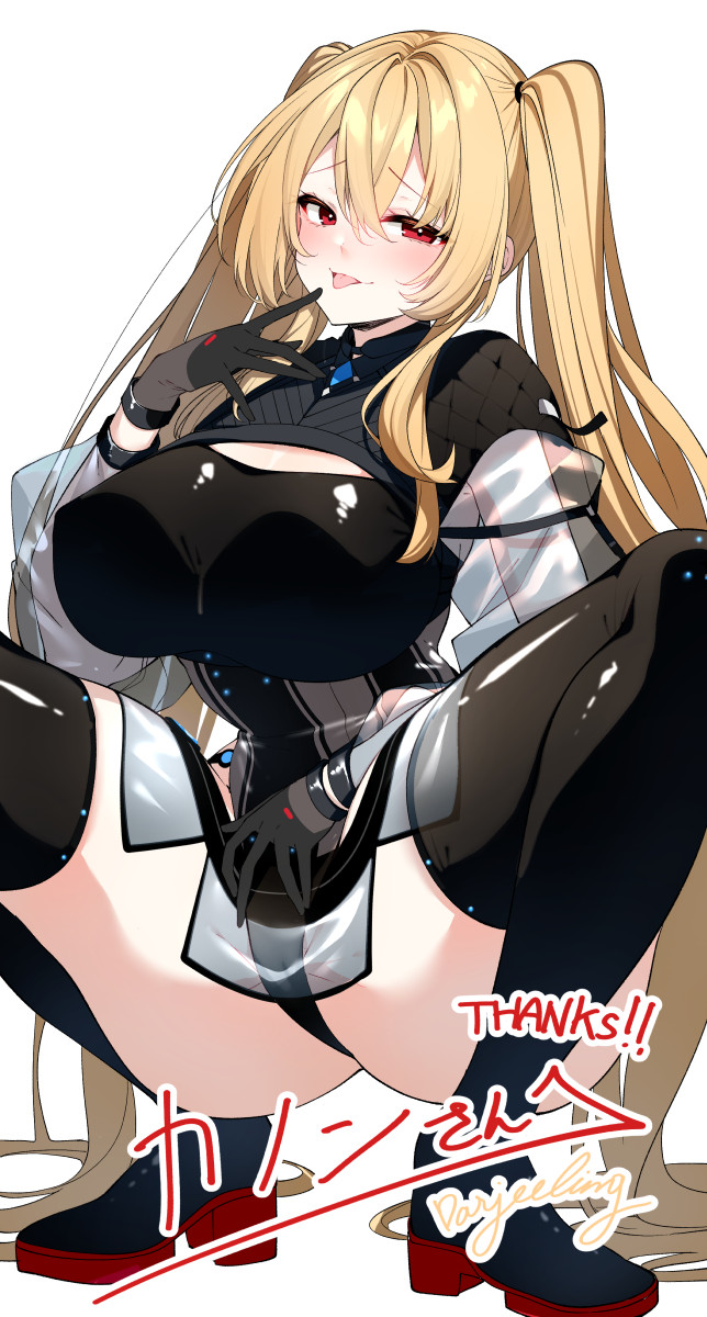 1girl black_gloves black_leotard black_thighhighs blonde_hair blush breasts commission commissioner_name darjeeling_(reley) gloves hair_between_eyes hair_ornament highleg highleg_leotard highres large_breasts leotard long_hair looking_at_viewer numako_(pizza_kanon) original phantasy_star phantasy_star_online_2 red_eyes second-party_source signature simple_background skeb_commission solo squatting thank_you thighhighs thighs tongue tongue_out twintails white_background
