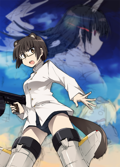 &gt;:o 3girls :o aged_up anabuki_tomoko animal_ears bad_id bad_twitter_id black_hair brown_eyes brown_hair elma_leivonen fox_ears glasses glowing glowing_eye gun long_hair multiple_girls no_pants ohashi_(hashidate) one-piece_swimsuit open_mouth raccoon_ears raccoon_girl raccoon_tail red_eyes sakomizu_haruka school_swimsuit strike_witches strike_witches:_suomus_misfits_squadron striker_unit swimsuit swimsuit_under_clothes tail v-shaped_eyebrows weapon world_witches_series