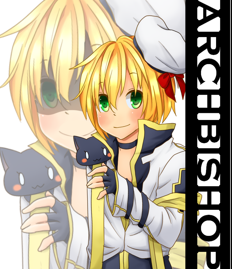 1boy animal animal_on_shoulder arch_bishop_(ragnarok_online) black_cat black_choker black_coat black_gloves blonde_hair bow cat cat_on_shoulder character_name choker closed_mouth coat commentary_request cropped_jacket fingerless_gloves gloves green_eyes hair_between_eyes hat hat_bow jacket long_sleeves looking_at_viewer male_focus meiko_(nattu303) ragnarok_online red_bow shaded_face short_hair simple_background smile solo upper_body white_background white_hat white_jacket