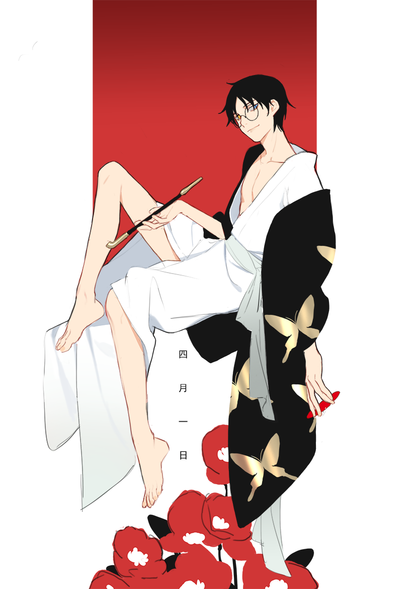 1boy animal_print bahao_diqiu barefoot black_coat black_hair blue_eyes butterfly_print closed_mouth coat commentary english_commentary flower from_side full_body glasses haori head_tilt heterochromia holding holding_smoking_pipe invisible_chair japanese_clothes kimono kiseru knee_up leaning_back long_sleeves looking_at_viewer male_focus off_shoulder pectoral_cleavage pectorals red_flower round_eyewear sash short_hair sideways_glance simple_background sitting smirk smoking_pipe solo white_background white_kimono xxxholic yellow_eyes