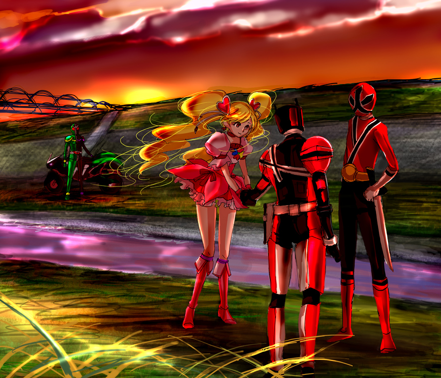00s 1girl 3boys boots crossover cure_peach cyclone-joker fresh_precure! hair_ornament heart heart_hair_ornament kamen_rider kamen_rider_dcd kamen_rider_decade kamen_rider_double kamen_rider_w knee_boots magical_girl momozono_love motor_vehicle motorcycle multiple_boys pink_boots precure samurai_sentai_shinkenger shinken_red sunset super_sentai vehicle yk_(waikeee)