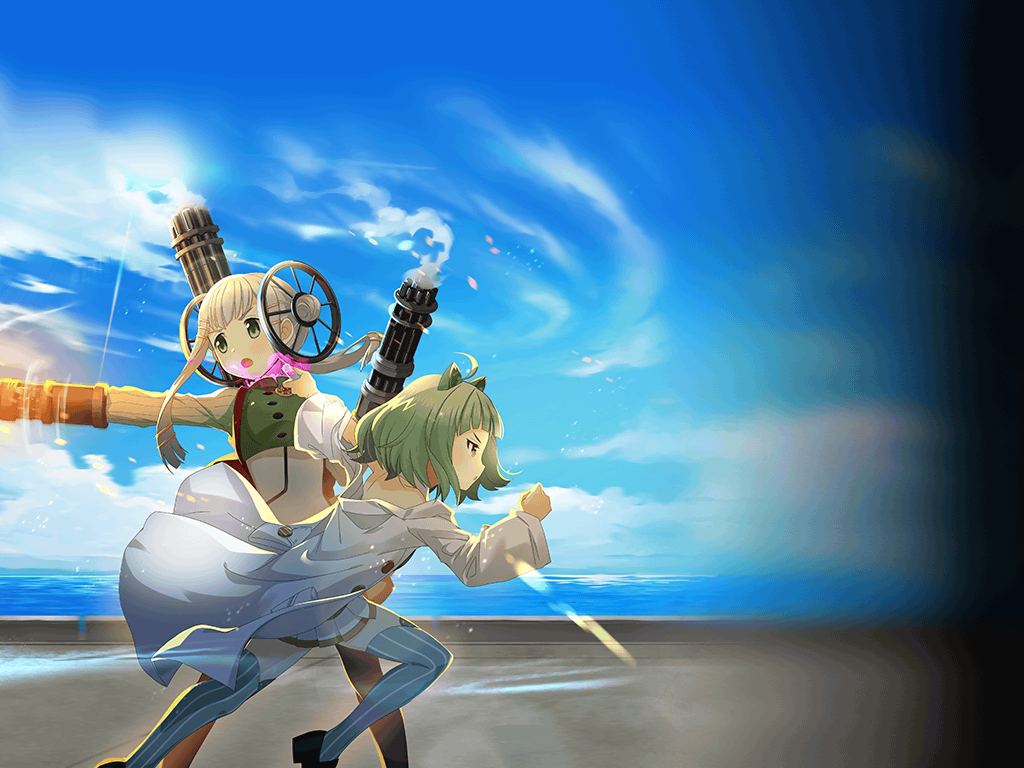 2girls :o ahoge animal_ears arm_cannon artist_request backpack bag beaker black_footwear black_thighhighs blue_sky blunt_bangs bridge buttons cat_ears clenched_hand cloud collared_vest day determined dot_nose double-breasted double_bun dress embers fake_animal_ears feet_out_of_frame firing floating_clothes floating_hair from_side game_cg green_eyes green_hair green_thighhighs green_vest grey_eyes gun hair_bun hair_ornament high_collar holding holding_beaker kagura_san lab_coat light_particles loafers long_sleeves magia_record:_mahou_shoujo_madoka_magica_gaiden magical_girl mahou_shoujo_madoka_magica miniskirt miyako_hinano multiple_girls ocean official_art open_mouth outdoors outstretched_arms parted_lips petals pleated_skirt potion running shoes short_dress short_hair short_hair_with_long_locks sidelocks skirt sky smoke striped_clothes striped_thighhighs sweater thighhighs turtleneck turtleneck_sweater v-shaped_eyebrows vertical-striped_clothes vertical-striped_thighhighs vest weapon weapon_on_back wheel wheel_hair_ornament white_dress white_hair white_skirt wide_sleeves yellow_sweater