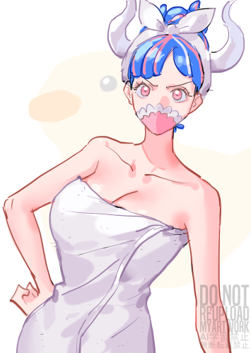 1girl blue_hair bow_hairband breasts cleavage hairband horns large_breasts lowres multicolored_hair one_piece pink_eyes pink_hair pink_mask raine_(acke2445) solo streaked_hair towel ulti_(one_piece) watermark white_horns