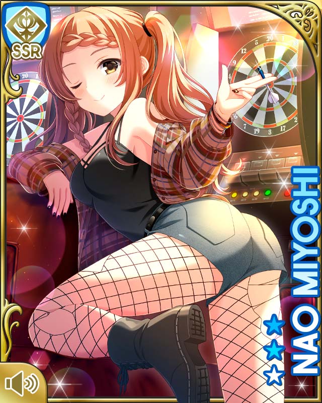 1girl ass black_shirt boots braid breasts brown_eyes brown_hair brown_jacket card_medium) chair character_name closed_mouth dart dartboard denim denim_shorts fishnet_pantyhose fishnets girlfriend_(kari) hotpants indoors jacket kneeling long_hair miyoshi_nao nail_polish night official_art one_eye_closed pantyhose plaid_clothes plaid_jacket qp:flapper shirt shorts smile solo tagme