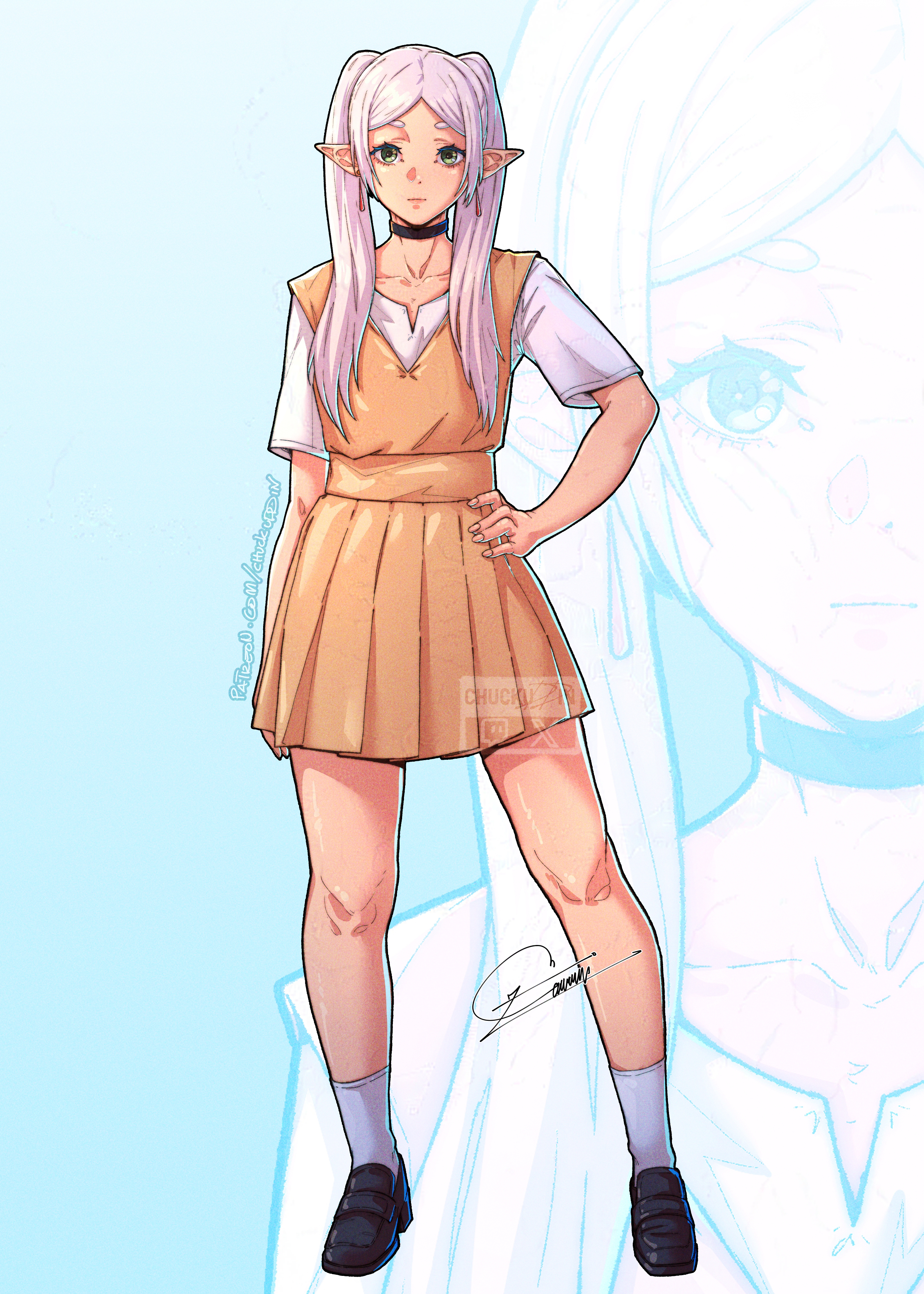 1girl absurdres black_choker black_shoes choker chuckuddin collarbone commentary contemporary dress earrings elf frieren full_body hand_on_own_hip highres jewelry loafers long_hair pointy_ears shoes signature socks solo sousou_no_frieren standing twintails white_hair white_socks yellow_dress zoom_layer