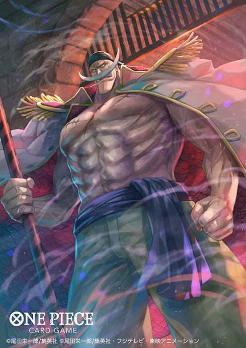 1boy abs bandana bisaiiiii black_bandana blue_sash clenched_hand coat coat_on_shoulders commentary_request copyright_name dutch_angle edward_newgate epaulettes facial_hair holding holding_weapon looking_ahead male_focus mustache official_art one_piece one_piece_card_game sash scar scar_on_chest smoke solo veins weapon