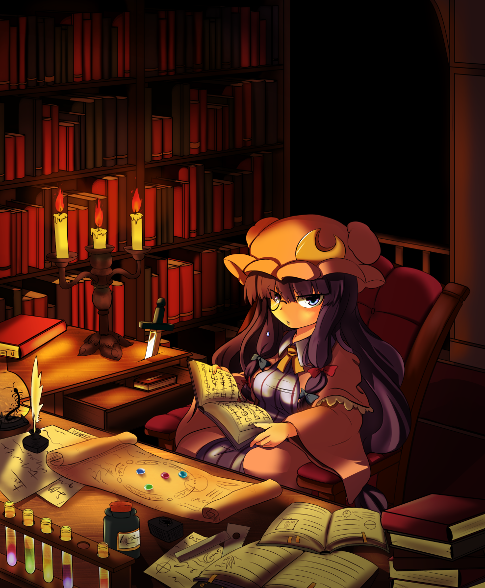 1girl bespectacled blue_eyes book bookshelf bug candle candlestand capelet centipede chemistry_set crescent desk dress feathers female_focus gem glasses hair_ribbon hat highres inkwell knife kokoperiiche library long_hair looking_at_viewer monocle monocle_chain multicolored_dress nukoimo patchouli_knowledge pink_dress purple_hair ribbon room scroll sitting solo striped_clothes striped_dress test_tube touhou voile