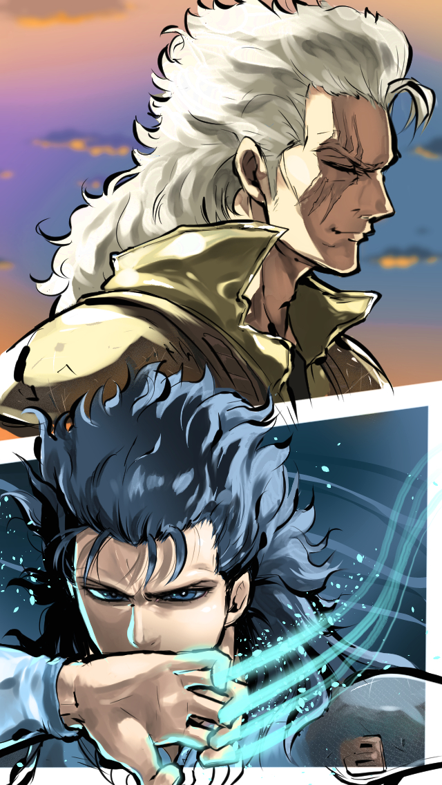 2boys blind blue_background blue_eyes blue_hair focused hokuto_no_ken jacket long_hair male_focus motion_lines multiple_boys murasaki_no_ryuuki rei_(hokuto_no_ken) scar scar_across_eye scar_on_face shoulder_pads shu_(hokuto_no_ken) silver_hair speed_lines sunset yellow_jacket