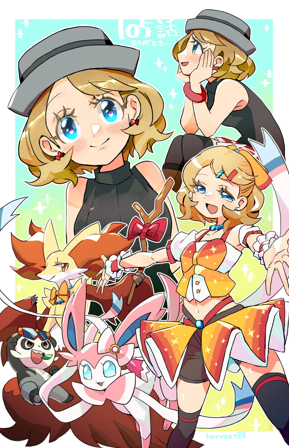 1girl black_eyes blue_eyes bow brown_hair delphox gen_6_pokemon grey_hat harvest88 hat highres holding nintendo open_mouth orange_eyes pancham pokemon pokemon_(anime) pokemon_(creature) pokemon_journeys pokemon_swsh105 ribbon serena_(pokemon) short_hair smile stick sunglasses sylveon