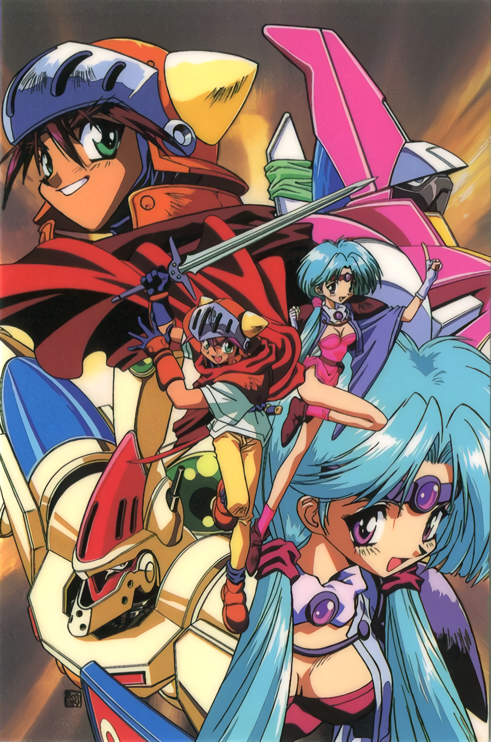 1990s_(style) 1boy 1girl adeu_warsam aqua_hair cape circlet fingerless_gloves gloves grin haou_taikei_ryuu_knight helmet holding holding_sword holding_weapon index_finger_raised long_hair mecha official_art open_mouth paffy_pafuricia purple_eyes retro_artstyle robot smile sword weapon