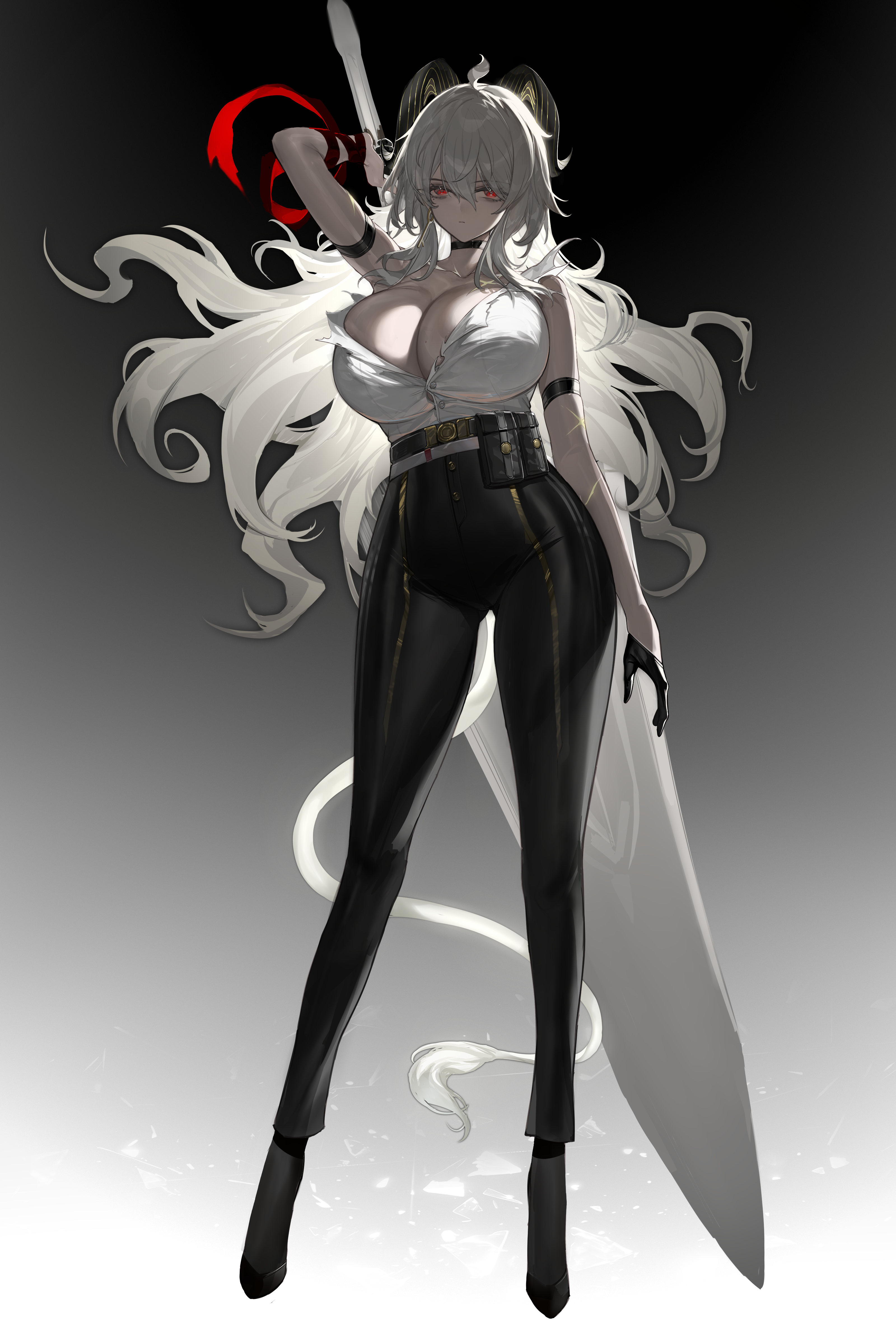 1girl absurdres arm_strap arm_up bare_shoulders black_choker black_gloves black_horns black_pants black_shoes breasts choker closed_mouth collarbone commentary curled_horns earrings full_body gloves gradient_background greatsword hair_between_eyes high-waist_pants highres holding holding_behind_back holding_sword holding_sword_behind_back holding_weapon holding_weapon_behind_back horns horz jewelry key_earrings large_breasts long_hair looking_at_viewer necktie necktie_around_wrists pants red_eyes red_necktie shirt shoes solo sword tail tight_clothes tight_pants torn_clothes torn_shirt very_long_hair weapon white_hair white_shirt wuthering_waves zani_(wuthering_waves)