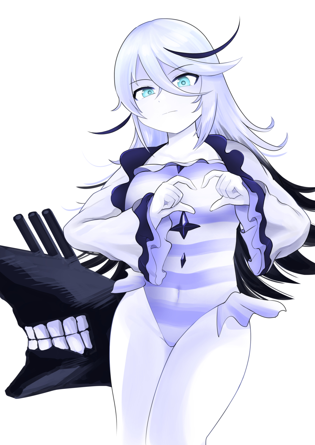 1girl abyssal_mediterranean_princess abyssal_ship aqua_eyes black_hair casual_one-piece_swimsuit colored_skin heart heart_hands highres kantai_collection long_hair looking_at_viewer multicolored_hair noba_(ne83ko61) one-piece_swimsuit ribbed_swimsuit solo streaked_hair striped_clothes striped_one-piece_swimsuit swimsuit vertical-striped_clothes vertical-striped_one-piece_swimsuit very_long_hair white_hair white_skin