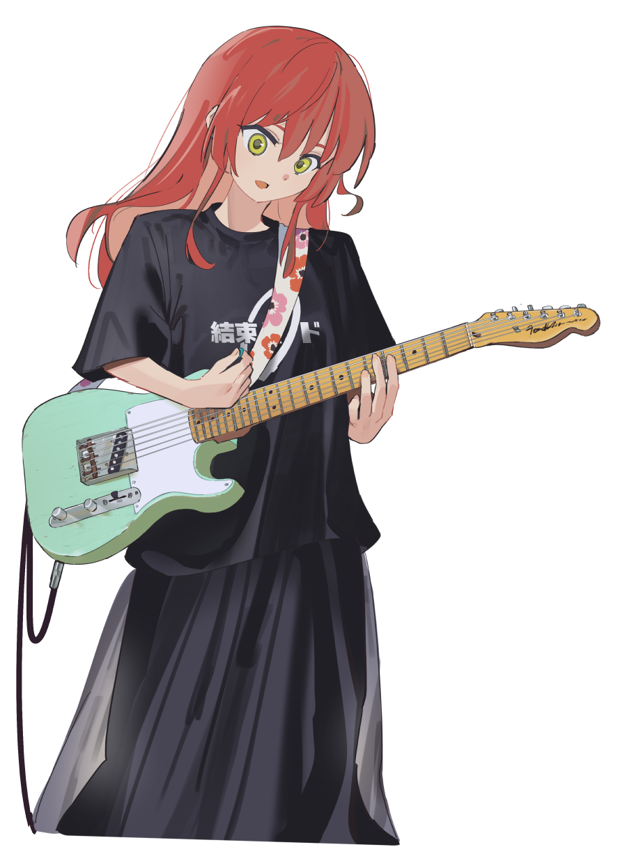 1girl alternate_costume black_shirt black_skirt bocchi_the_rock! cable cropped_legs electric_guitar fender_telecaster floral_print green_eyes guitar guitar_strap hair_between_eyes highres instrument kessoku_band_t-shirt kita_ikuyo long_hair long_sidelocks long_skirt looking_down music open_mouth playing_guitar playing_instrument red_hair shirt short_sleeves sidelocks simple_background skirt solo white_background yamamura_saki