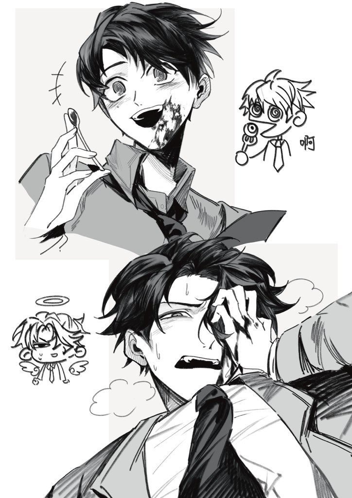 2boys @_@ angel_wings blood blood_on_face blood_on_hands chibi chibi_inset collared_shirt eyeball fork furrowed_brow greyscale halo hand_on_own_face hand_over_eye holding holding_fork holding_spoon implied_cannibalism jacket long_sleeves looking_at_viewer male_focus mole mole_under_eye monochrome multiple_boys necktie ooe_(game) open_mouth qincaihefan shiodome_(ooe) shirt short_hair smile spoon sweatdrop takeshiba_(ooe) upper_body wings
