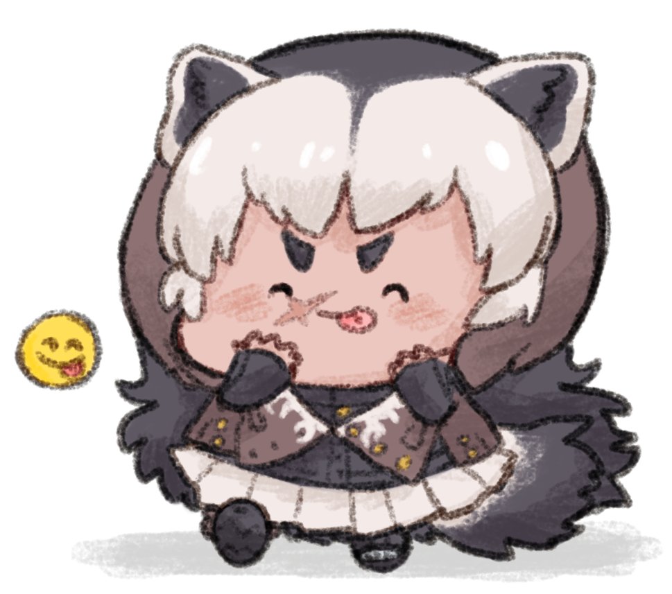 1girl ^_^ animal_ears bad_id bad_twitter_id badger_ears badger_tail black_hair brown_hair chibi closed_eyes dark-skinned_female dark_skin emoticon eyebrows facing_viewer full_body grey_hair hands_up jacket kelalapa kemono_friends long_hair long_sleeves multicolored_hair open-toe_shoes scar shoes skirt smile solo tail tongue tongue_out walking wolverine_(kemono_friends)