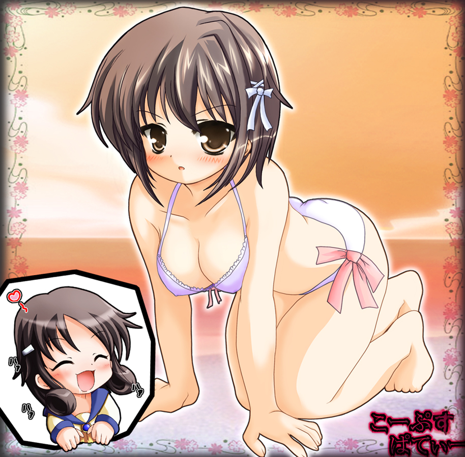 2girls all_fours artist_request blush bra breasts brown_eyes brown_hair cleavage corpse_party curly_hair drooling closed_eyes hair_ornament hair_ribbon hairclip happy heart long_hair multiple_girls nakashima_naomi open_mouth panties ribbon saliva school_uniform shinohara_seiko short_hair underwear