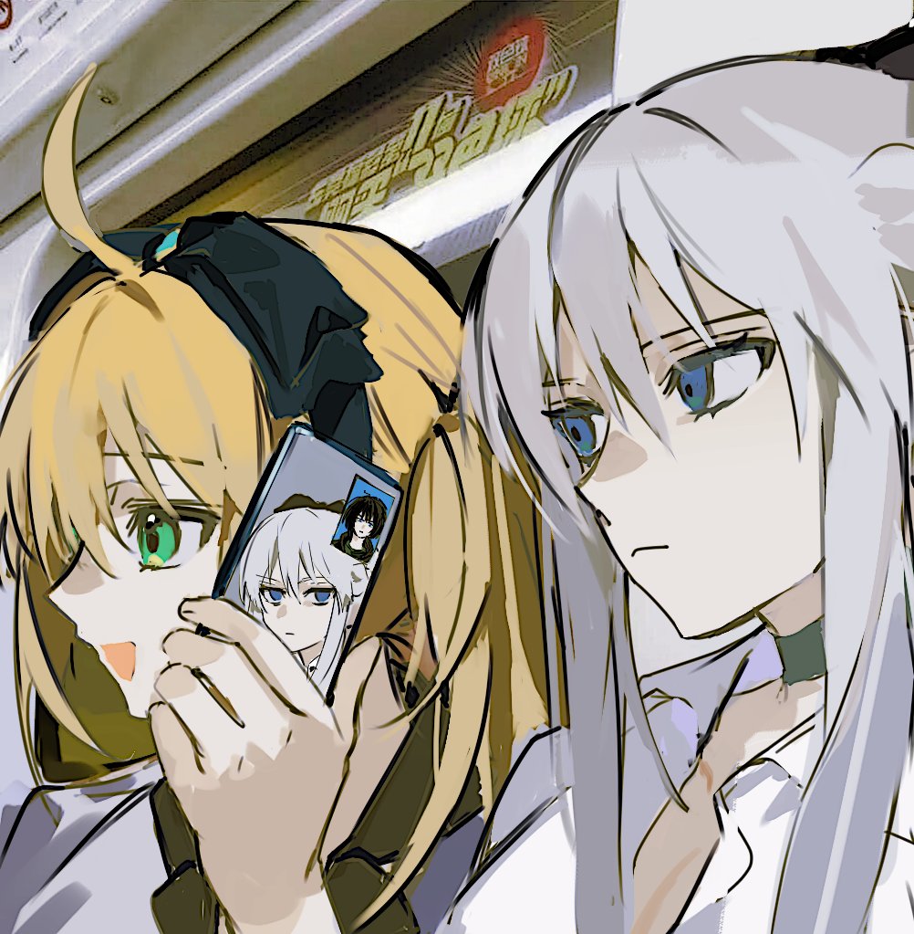 1boy 2girls ahoge artoria_caster_(fate) artoria_pendragon_(fate) black_hair blonde_hair blue_eyes cellphone choker fate/grand_order fate_(series) green_eyes grey_hair hairband holding holding_phone long_hair looking_at_phone meme morgan_le_fay_(fate) multiple_girls oberon_(fate) oberon_(third_ascension)_(fate) open_mouth phone shirt smartphone smile ss_un17 train_interior