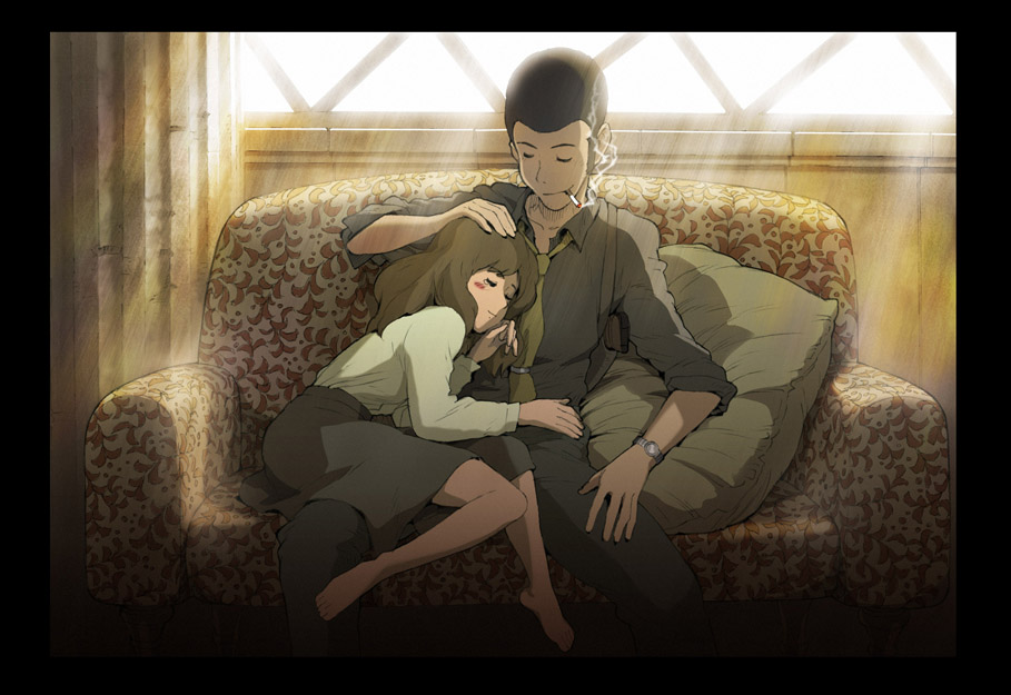 1boy 1girl arsene_lupin_iii black_hair black_shirt brown_hair castle_of_cagliostro cigarette clarisse_de_cagliostro closed_eyes collared_shirt couch grey_skirt hand_on_another&#039;s_head head_on_chest kuzu light_smile long_hair long_sleeves lupin_iii necktie on_couch pillow shirt sideburns sidelocks sitting sitting_on_lap sitting_on_person skirt smoking watch white_shirt wing_collar wristwatch yellow_necktie