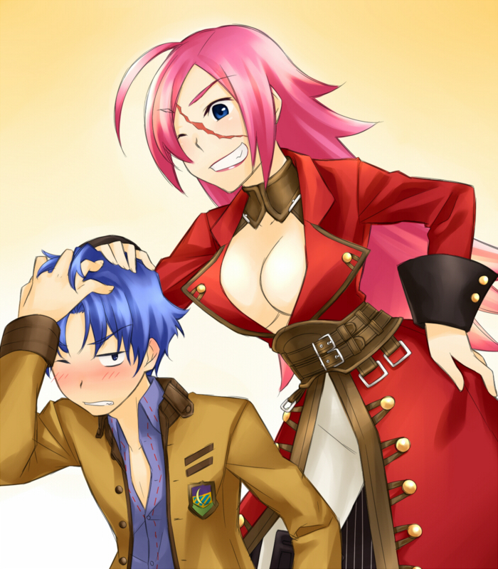 10s 1boy 1girl ahoge blue_eyes blue_hair blush breasts cleavage fate/extra fate/stay_night fate_(series) francis_drake_(fate) grin hand_on_own_hip jacket large_breasts long_hair matou_shinji mayo-black one_eye_closed pink_hair scar school_uniform smile