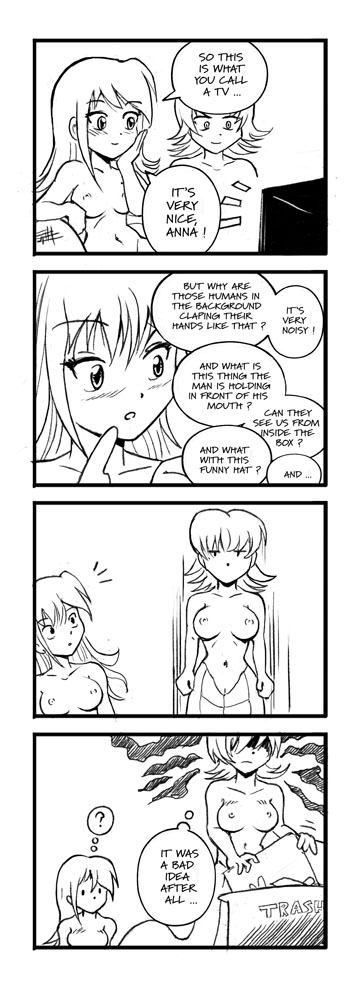 2girls 4koma anna_(karbo) breasts casual_nudity cleft_of_venus comic crisis felarya karbo lamia long_hair medium_breasts monochrome monster_girl multiple_girls navel nipples pussy short_hair sitting television