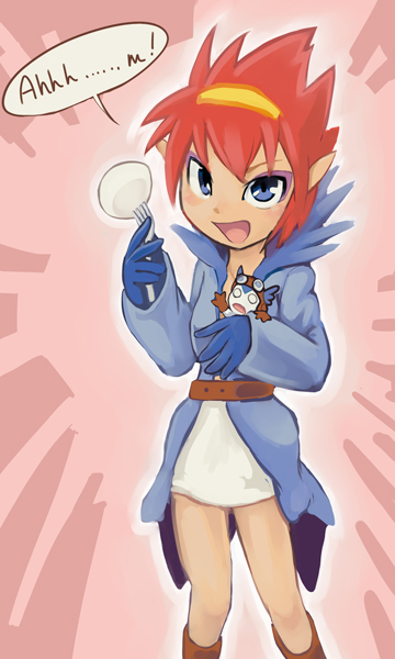 1boy 1girl anna_(legendz) belt blue_eyes goggles goggles_on_head harpy_(legendz) legendz open_mouth red_hair shiron_(legendz) smile