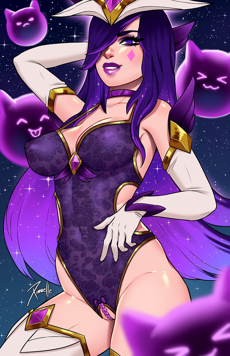 1girl blurry breasts elbow_gloves facial_mark gem gloves hair_over_one_eye headgear highres large_breasts league_of_legends lips long_hair medium_breasts parted_lips purple_eyes purple_hair purple_lips pussy shiny_skin signature smile solo sparkle star_(sky) star_(symbol) star_guardian_(league_of_legends) star_guardian_syndra starry_sky_background syndra white_gloves white_headwear xinaelle