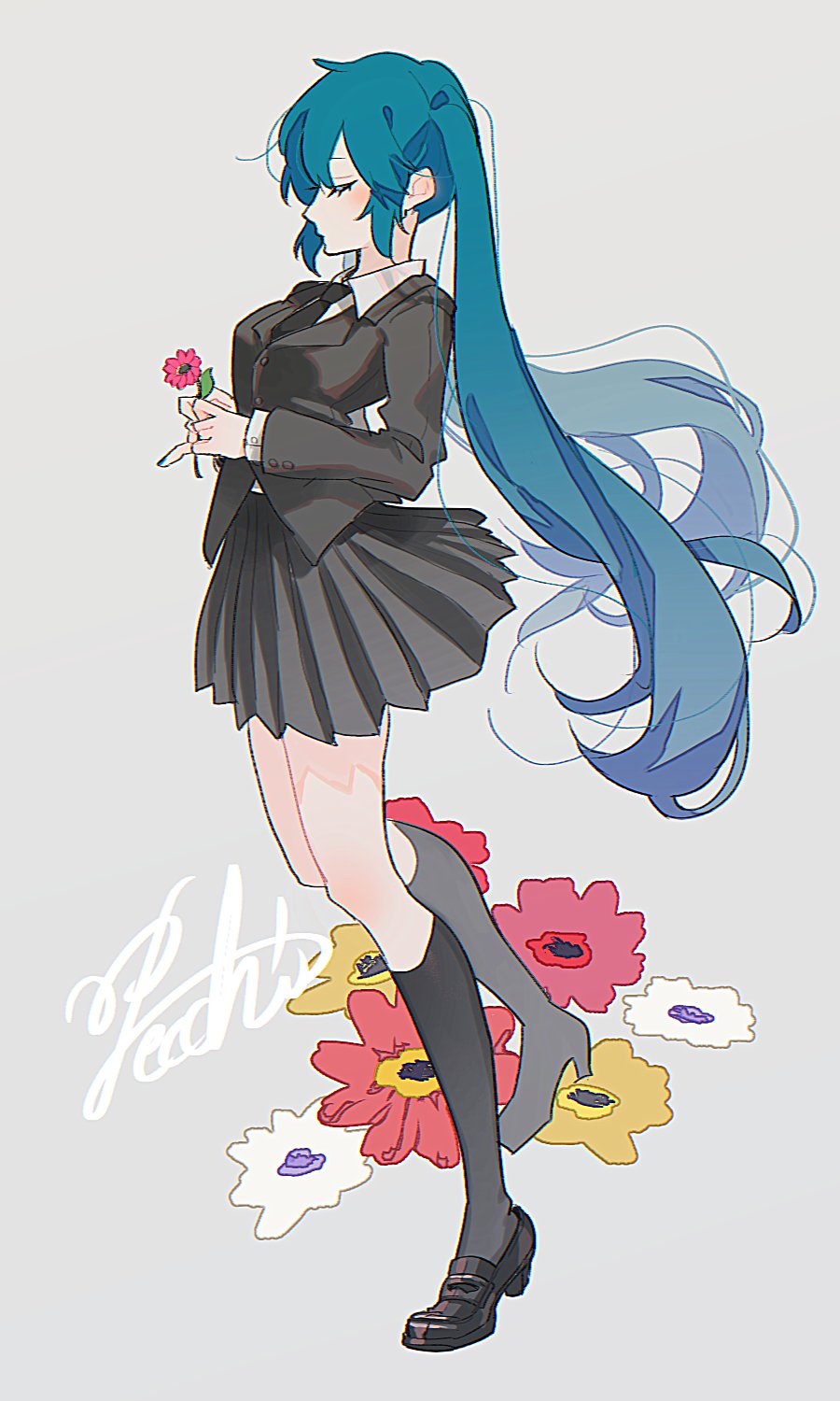 1girl black_jacket black_necktie black_shoes black_skirt black_socks blue_hair blush breasts buttons closed_eyes closed_mouth collared_shirt expressionless female_focus floating_hair flower flower_request grey_background hair_between_eyes hatsune_miku hatsune_miku_(saihate) highres holding holding_flower jacket leaf loafers long_hair long_sleeves medium_breasts necktie own_hands_together pecchii pink_flower pleated_skirt red_flower saihate_(vocaloid) shirt shoes sidelocks signature simple_background skirt sleeves_past_wrists socks solo standing standing_on_one_leg twintails vocaloid white_flower white_shirt yellow_flower