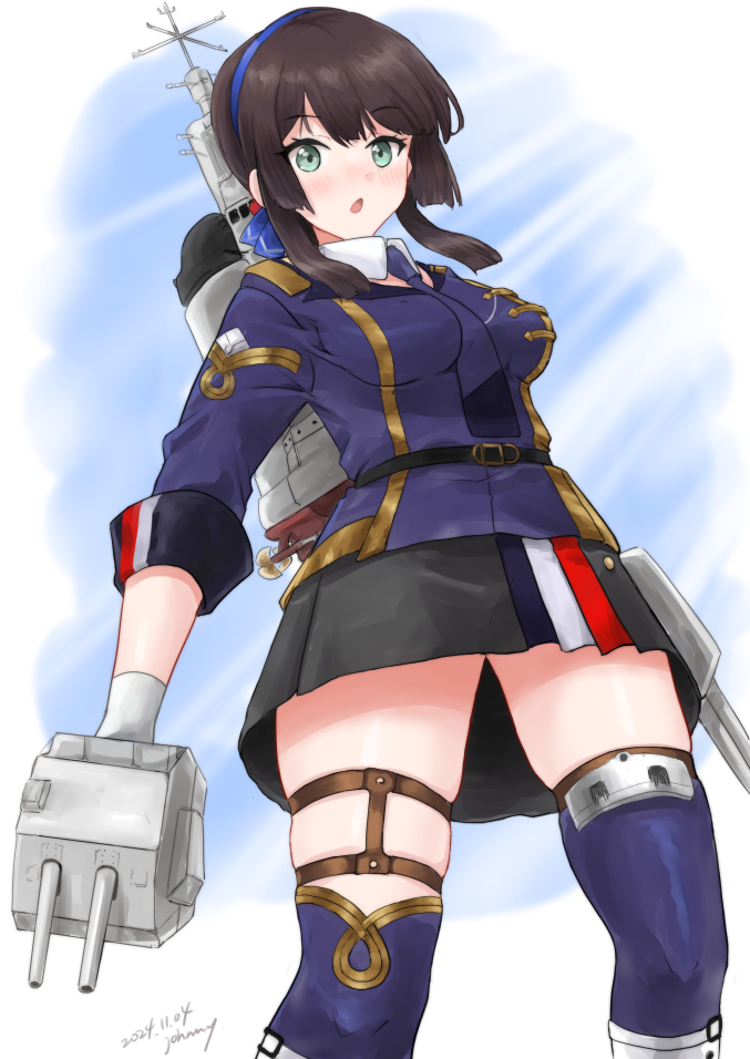 1girl adapted_turret black_gloves blue_hairband blue_necktie blue_ribbon blue_thighhighs blunt_sidelocks breasts brown_hair dated freckles french_flag gloves gradient_background green_eyes hair_ribbon hairband holding holding_turret kantai_collection kitagawa_mikio long_hair long_sleeves looking_at_viewer machinery medium_breasts mogador_(kancolle) necktie pleated_skirt purple_necktie ribbon rigging ship_turret sidelocks signature skirt smokestack solo thighhighs tie_clip torpedo_launcher torpedo_tubes turret two-tone_legwear white_background
